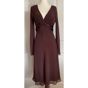 LIZ CLAIRBORNE Chocolate Brown Sheer Dress with Satin Sash Bow, Size 4